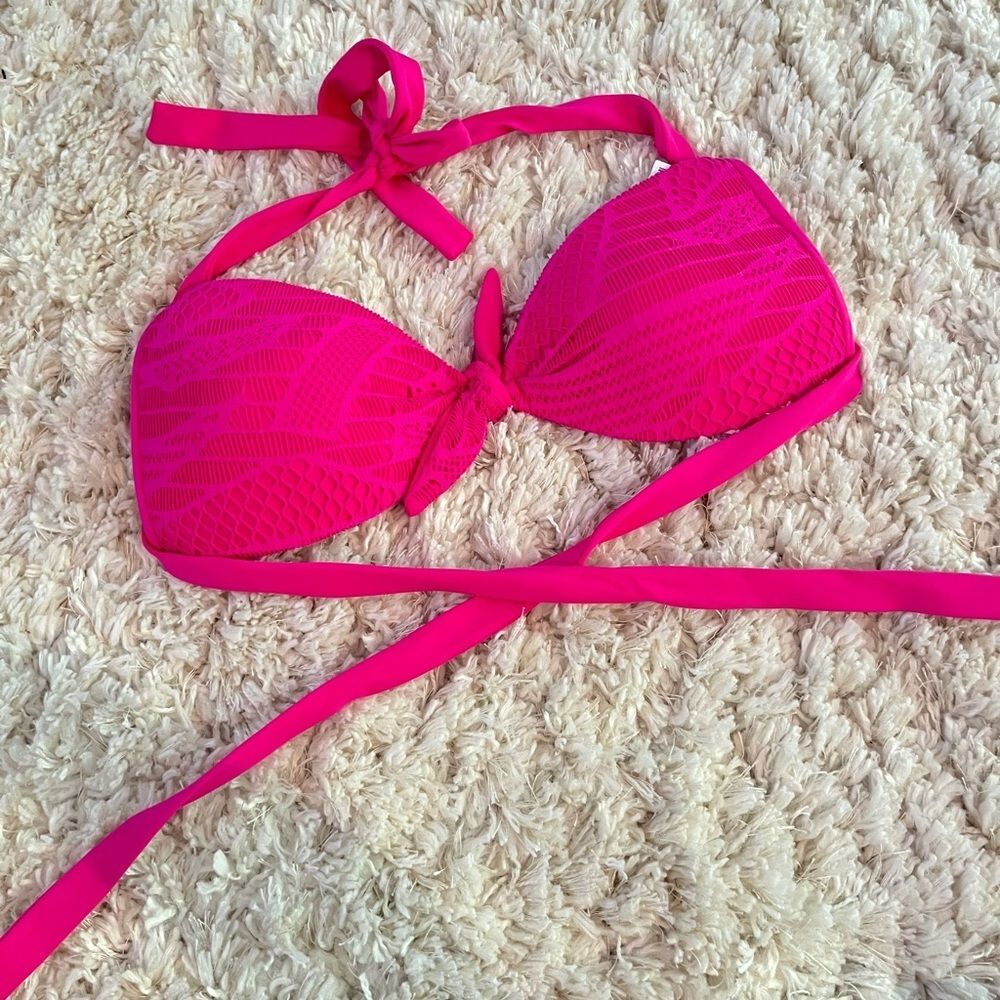 Luli Fama Hot Pink Textured Halter Bikini Top